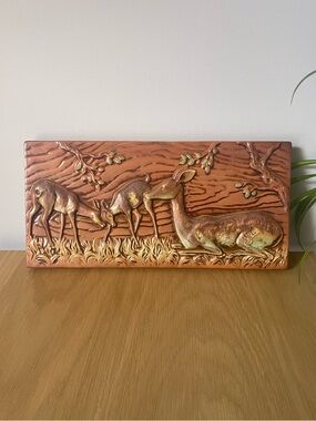 Vintage Ceramic Deer Relief Wall Plaque Hanging